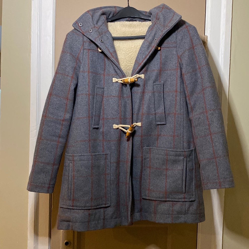 Topshop Grey & Red Plaid Fleece Lined Duffle Coat - Size 6